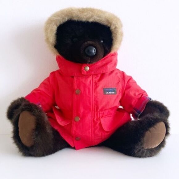 Vintage L.L. Bean Red Teddy Bear Coat Black Bear Includes Bear Stand - Picture 4 of 10
